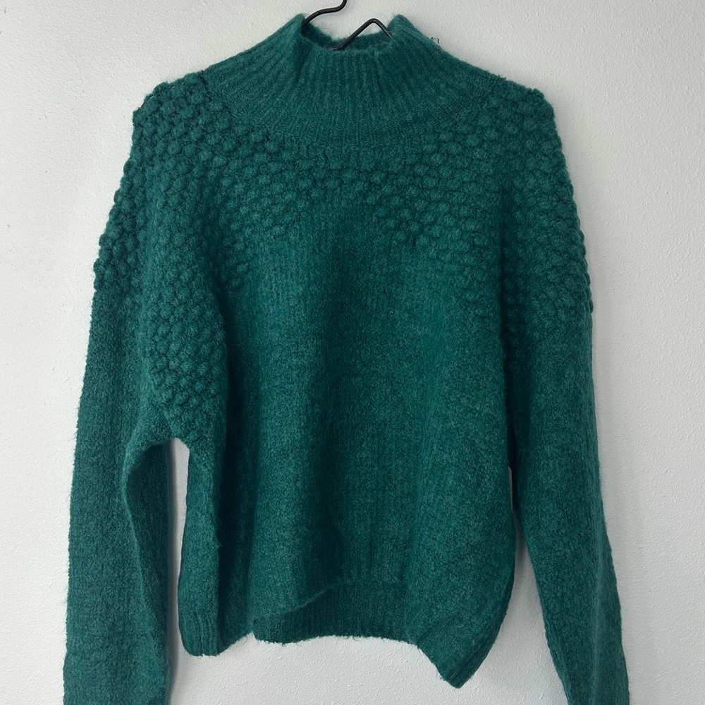 NWT Free People Isla Cable Bradley Pullover Mock Neck Teal Blue Sweater XL